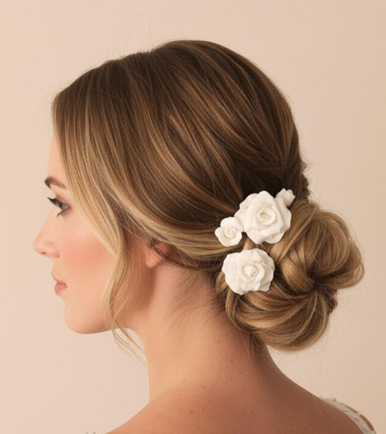 Horquillas de novia con rosas blancas en porcelana fría – Diseño artesanal y personalizado Horquillas de novia con rosas blancas en porcelana fría hechas a mano, diseño floral artesanal y personalizado creado por Pajarita Presumida.