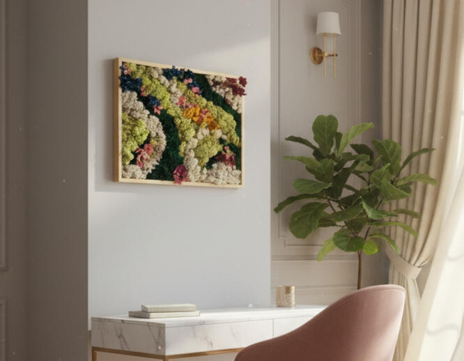 Cuadro musgo preservado hecho a mano Pajarita Presumida Cuadro musgo y flores preservadas. Decoración sostenible y artesanal ideal para decorar y llenar de color y vida un espacio del hogar. Decoración artesanal hecha a mano por Pajarita Presumida.