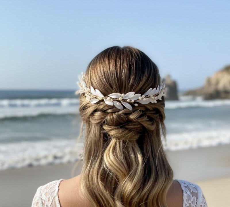 Novia bohemia estilo mediterráneo con tocado artesanal de hojas de olivo en porcelana fría. Novia con vestido bohemio a orillas del mar, semirrecogido con ondas rubias y tocado artesanal de hojas de olivo en porcelana fría con perlas naturales de río, hecho a mano por Pajarita Presumida, de aire mediterráneo.