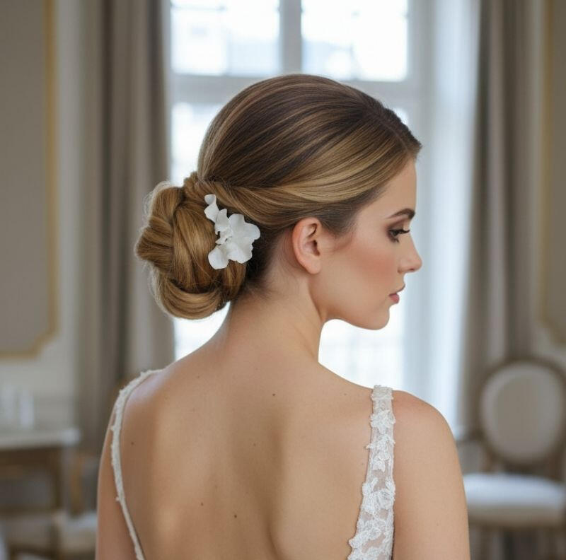 Novia con recogido bajo y horquillas de padina pavonica en porcelana fría Novia con recogido bajo adornado con horquillas artesanales de padina pavonica en porcelana fría blanca, hechas a mano, luciendo vestido con espalda al aire en una habitación de lujo con luz cálida durante sesión de novia.